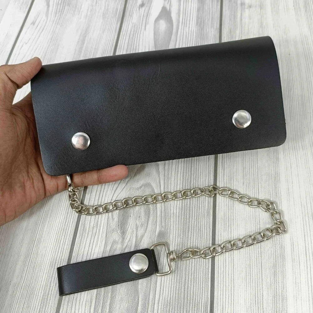 Black Leather Chain Wallet with Snap Closure
